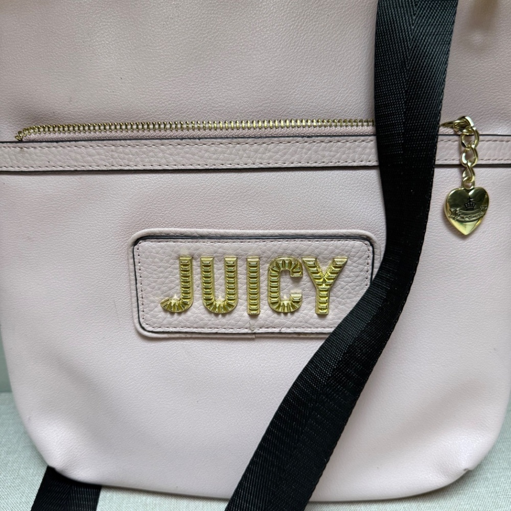 Juicy Couture Crossbody Purse Pink Black Faux Leather Logo Strap Messenger - Picture 2 of 14